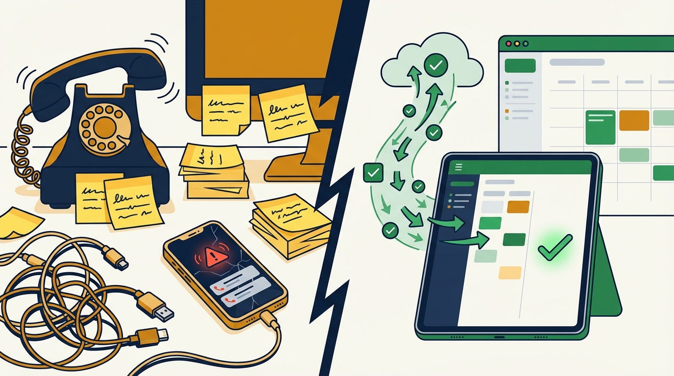 Before and after AI appointment scheduling — from missed calls and sticky notes to an automated digital calendar