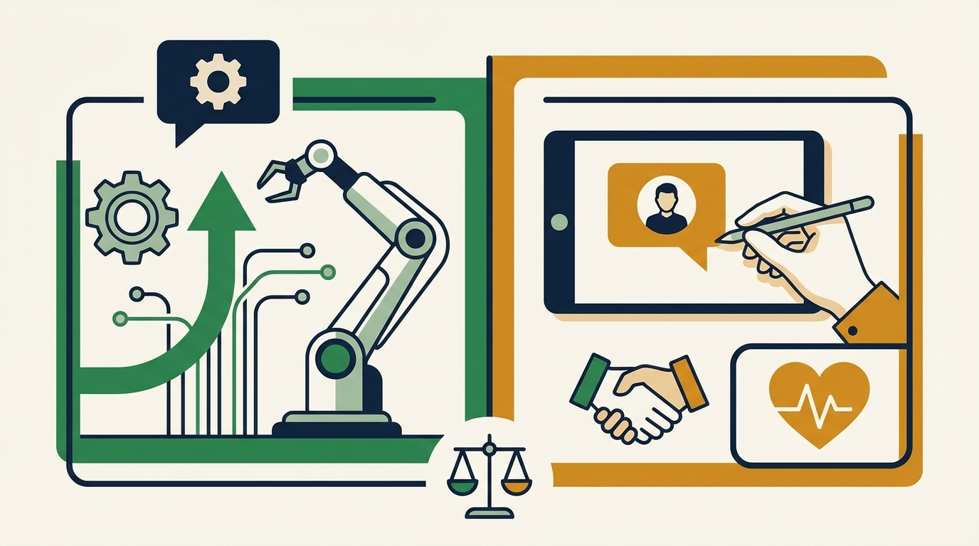 Side-by-side comparison showing AI chatbot efficiency versus live chat personal touch for service businesses