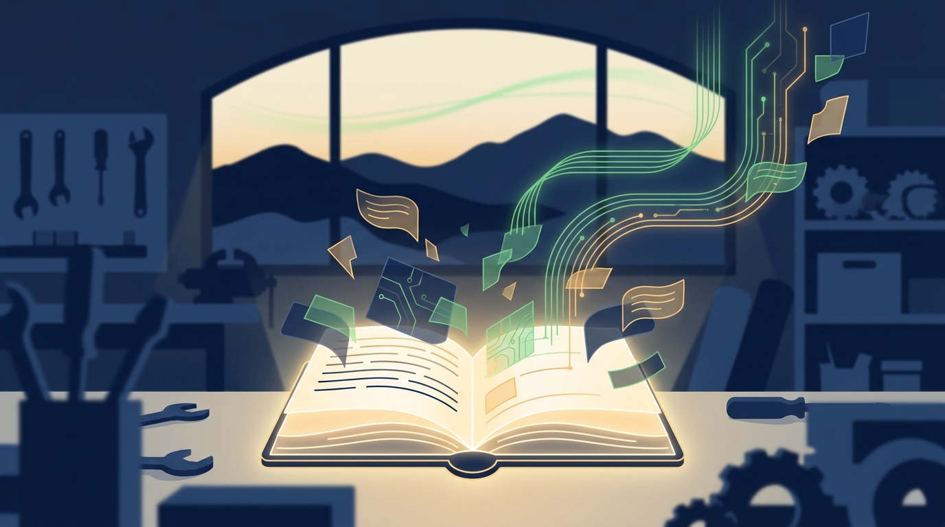 Illustration of an AI agent consolidating memories from past sessions into clearer patterns between active work