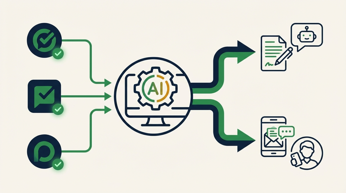 Auto repair shop review management flow showing automated monitoring, response drafting, and review requests across platforms