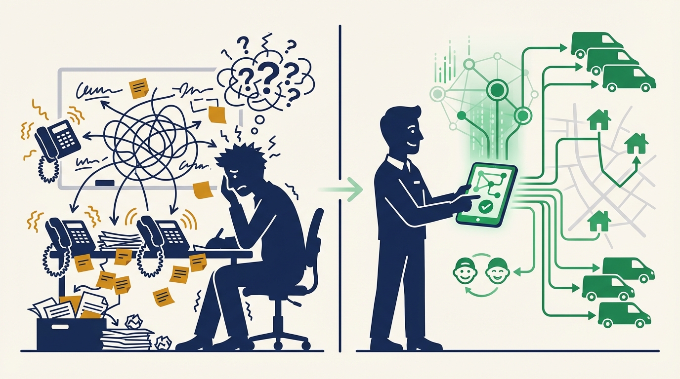Before and after: cluttered manual dispatch versus clean AI-optimized scheduling and routing