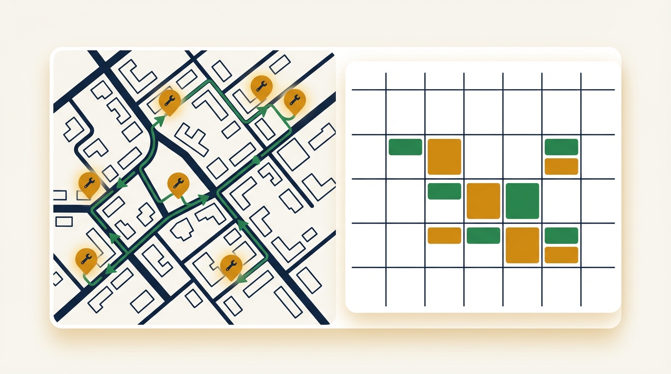AI dispatch dashboard with optimized technician routes and scheduling calendar