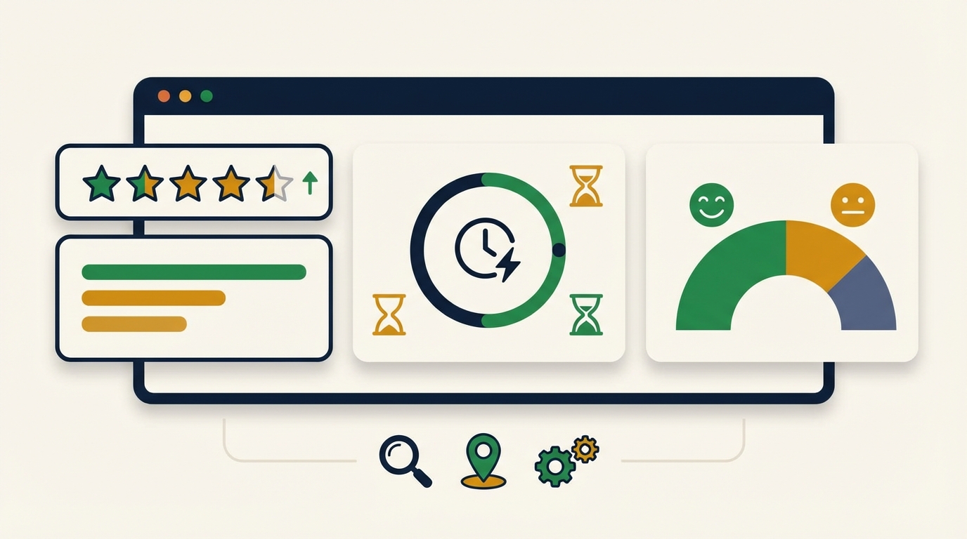 Review management dashboard showing star ratings, response times, and sentiment analysis