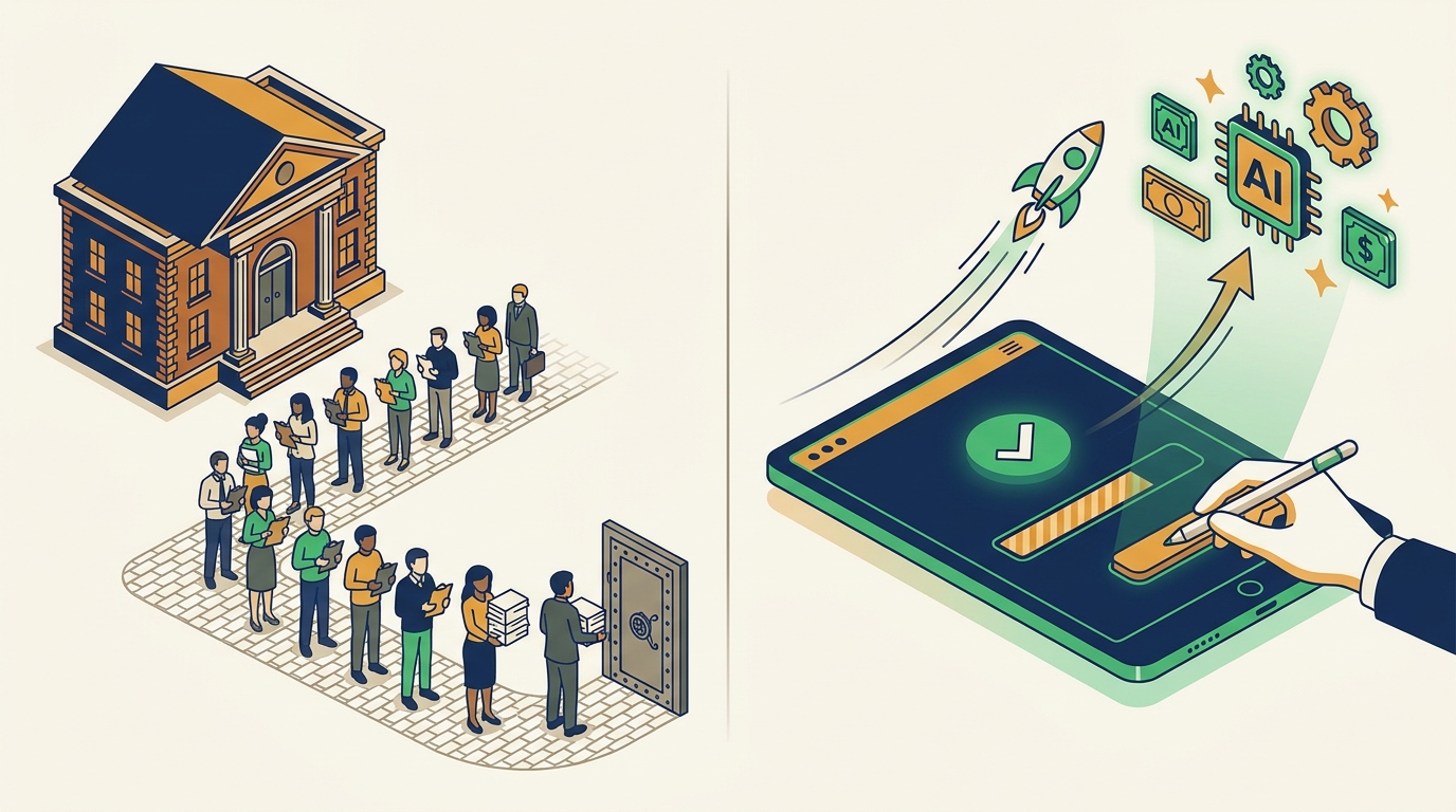 Illustration contrasting a slow traditional bank approval line with a fast digital lender dashboard, showing speed-to-capital for small businesses funding AI tools