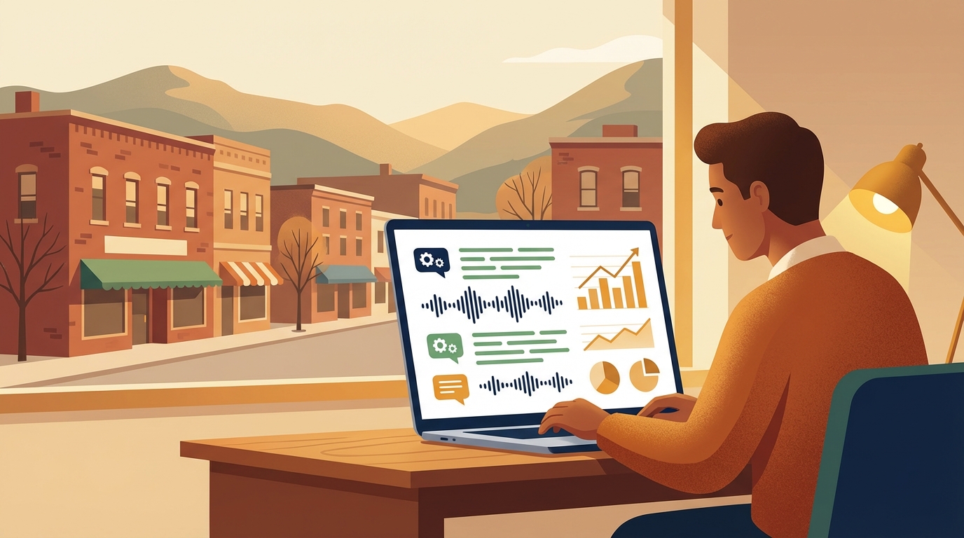 Small business owner reviewing voice AI call transcripts on a dashboard, with a mountain town storefront visible through the window